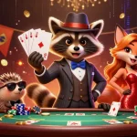 Experience winning action at tx88 with a suave raccoon, fox, and hedgehog in a vibrant poker scene.